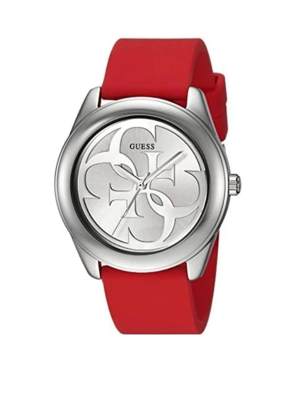 Guess G Logo Metalic Silver Red Rubber Strap 40mm Women's Watch U0911L9